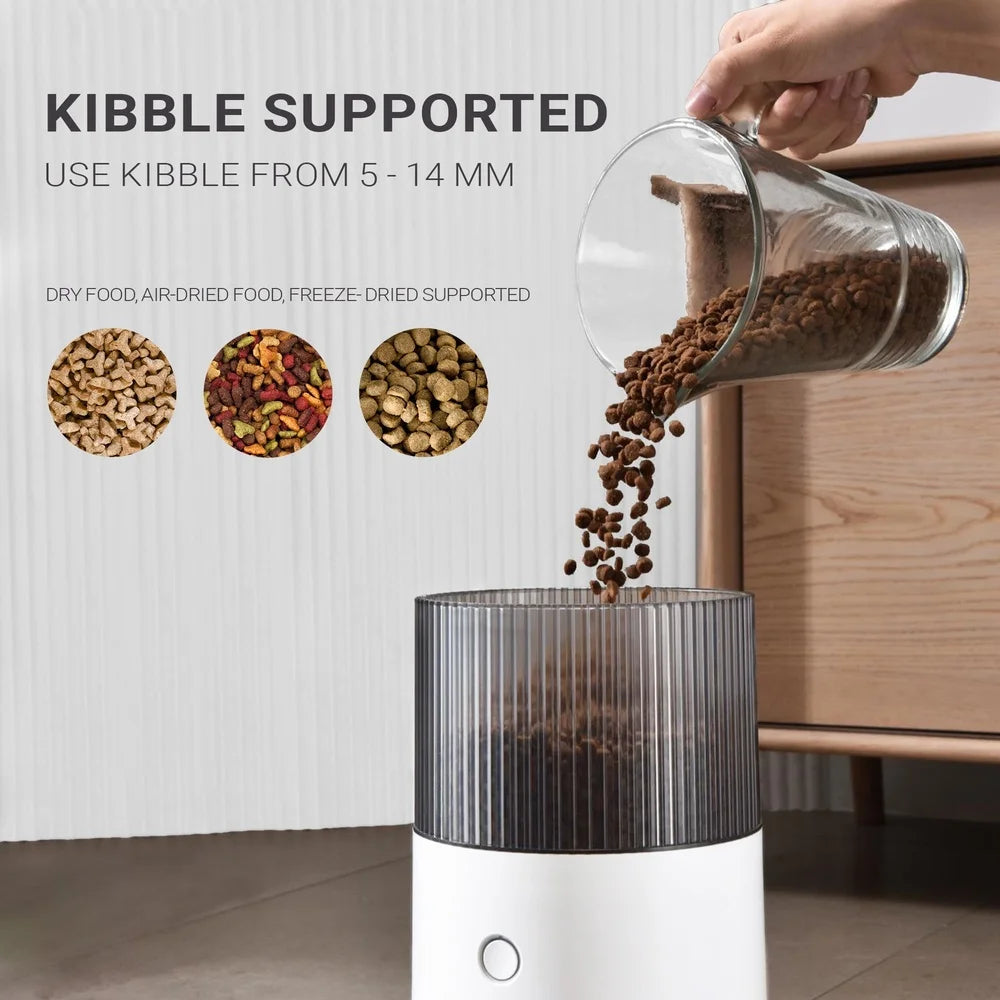 Pet food grinder with kibble being poured into it, showing support for various types of pet food.