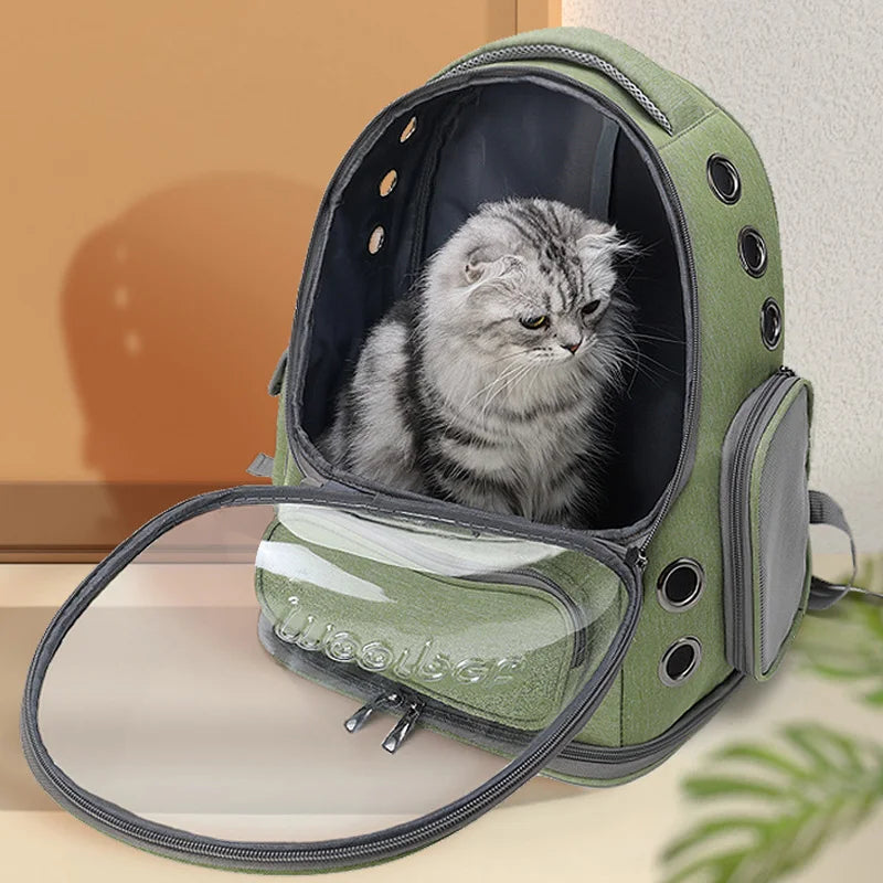 Cat inside a green pet backpack with 'Wooshee' branding on a light background