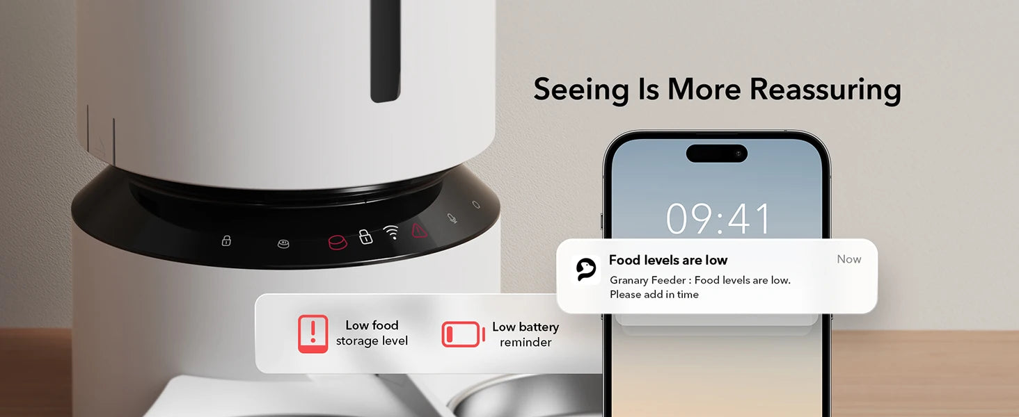Smart kitchen appliance with smartphone displaying notification about low food levels and battery.