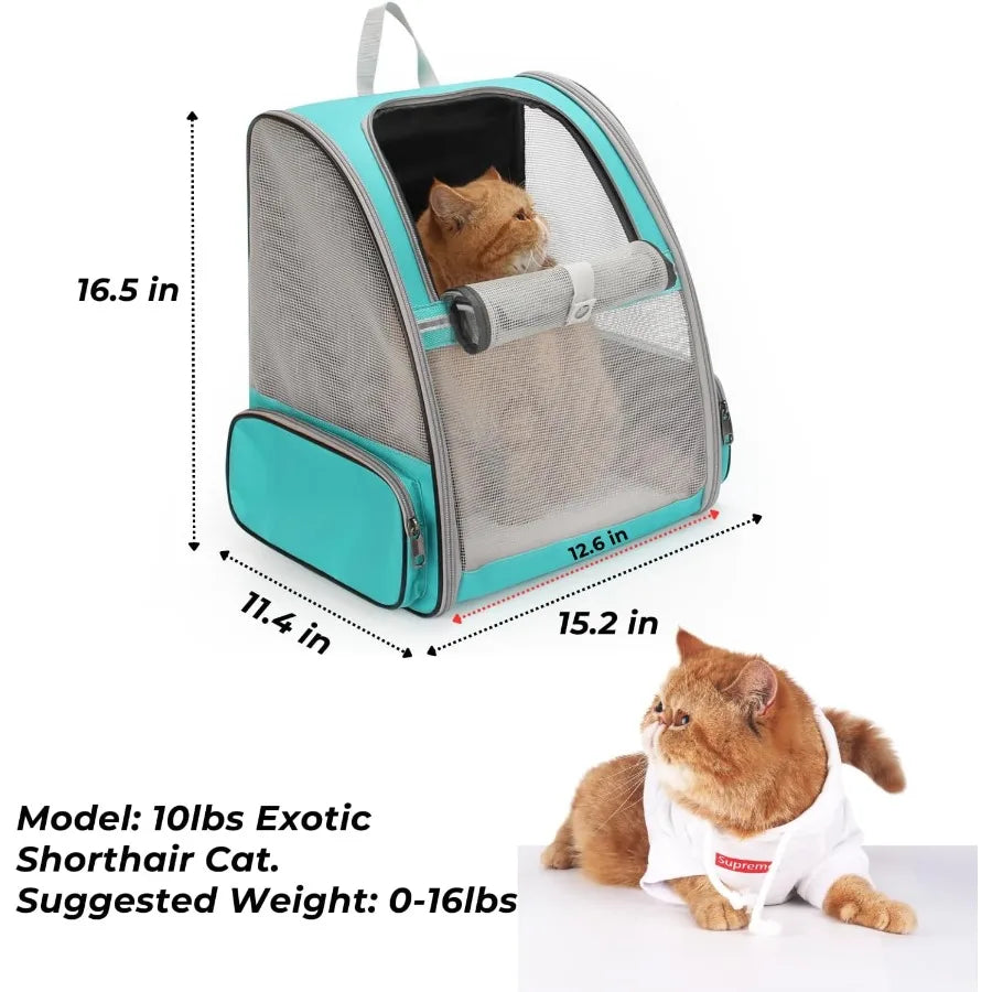 Pet carrier with dimensions and a cat inside, showing a suggested weight range.