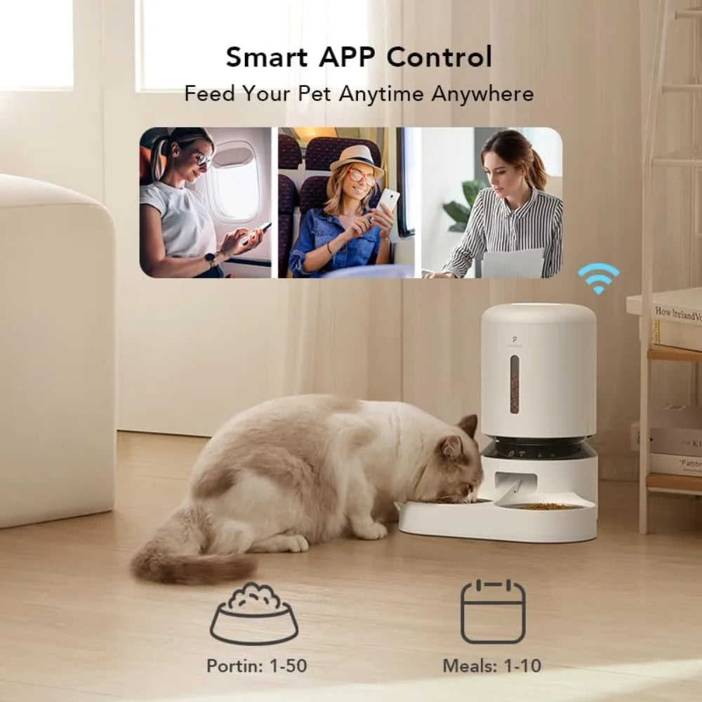 Cat eating from a white pet feeder with smart app control features displayed.