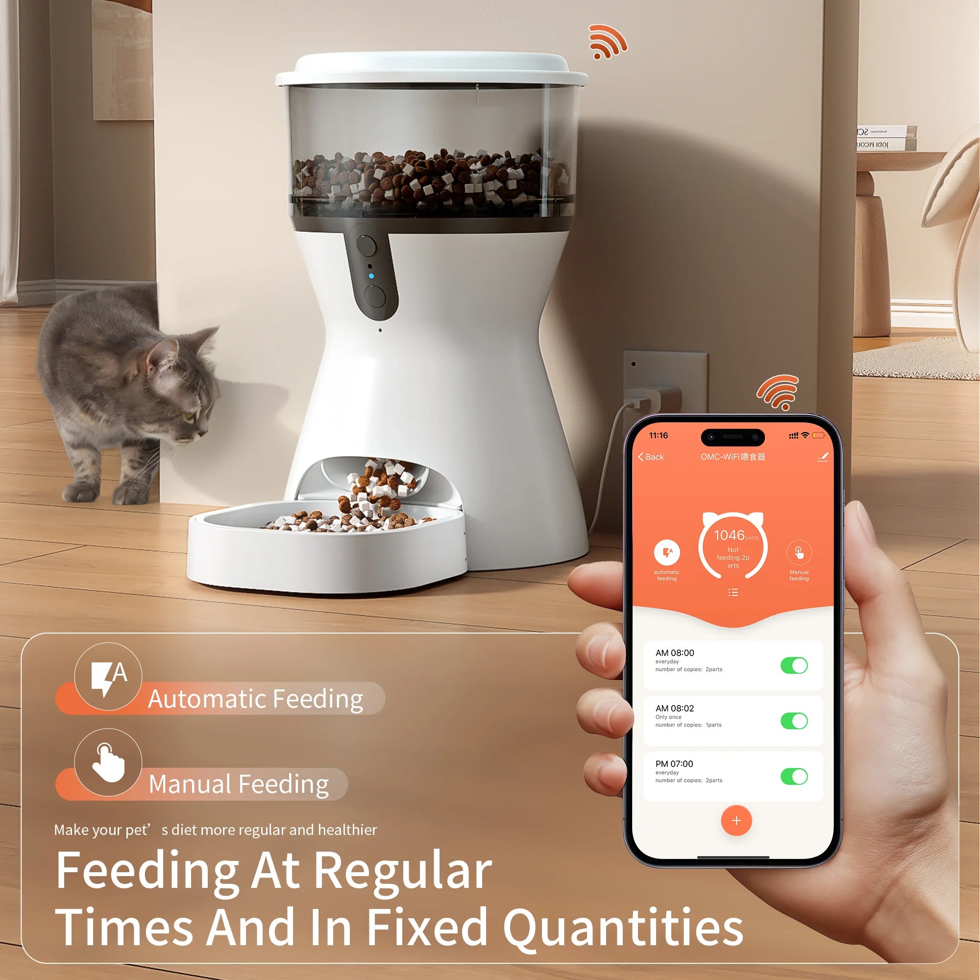 Smart pet feeder with a smartphone app for automatic feeding, next to a cat.