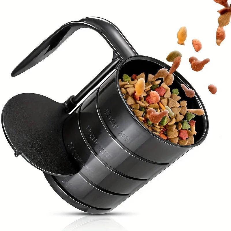Black pet food measuring cup with colorful dog treats on a white background