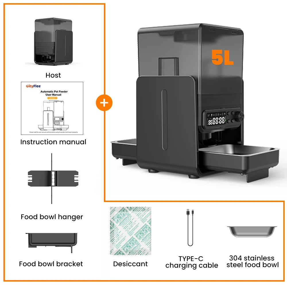 Black pet feeder with components and accessories on a white background
