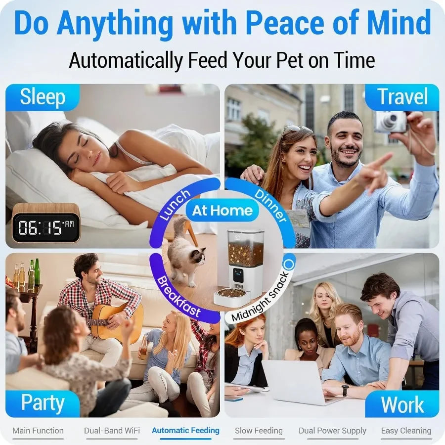 Advertisement for a pet feeding system with various scenarios including sleep, travel, at home, work, and party.