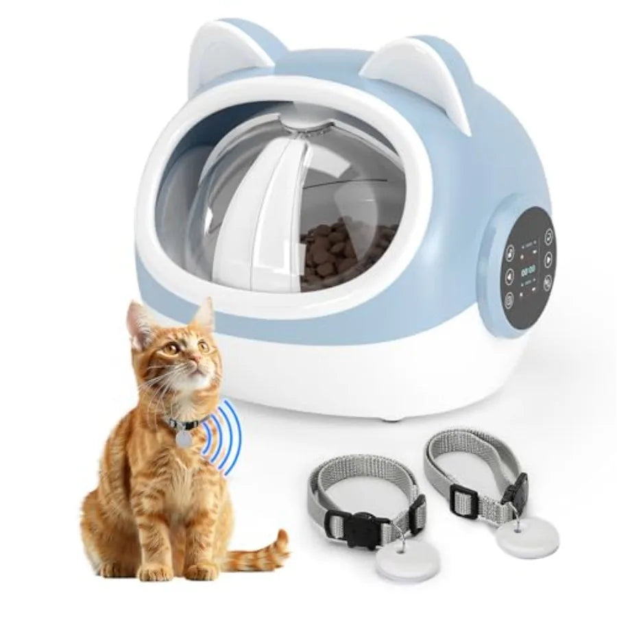 Pet feeder with cat and collars on a white background