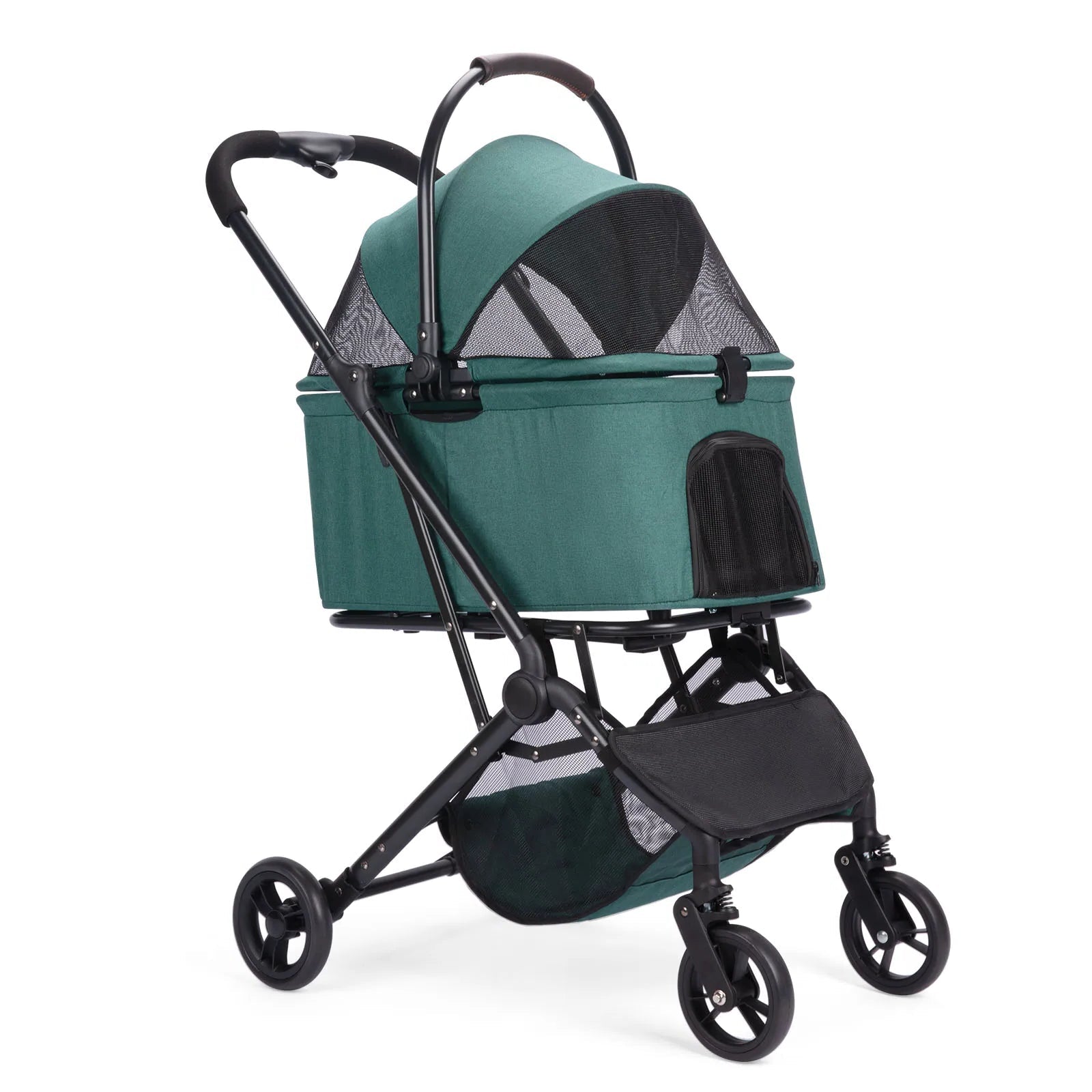 Green pet stroller with black accents on a white background