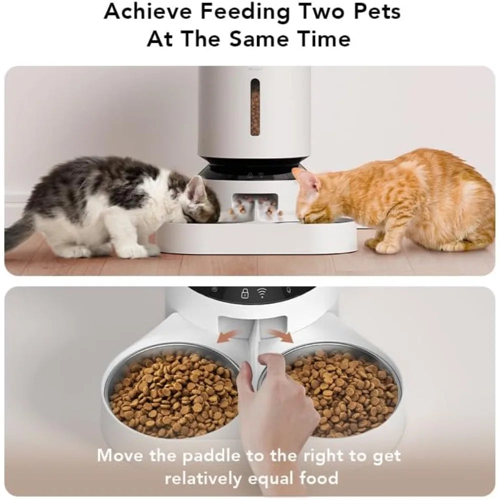 Pet feeder with two cats eating and a hand adjusting the paddle for food distribution.