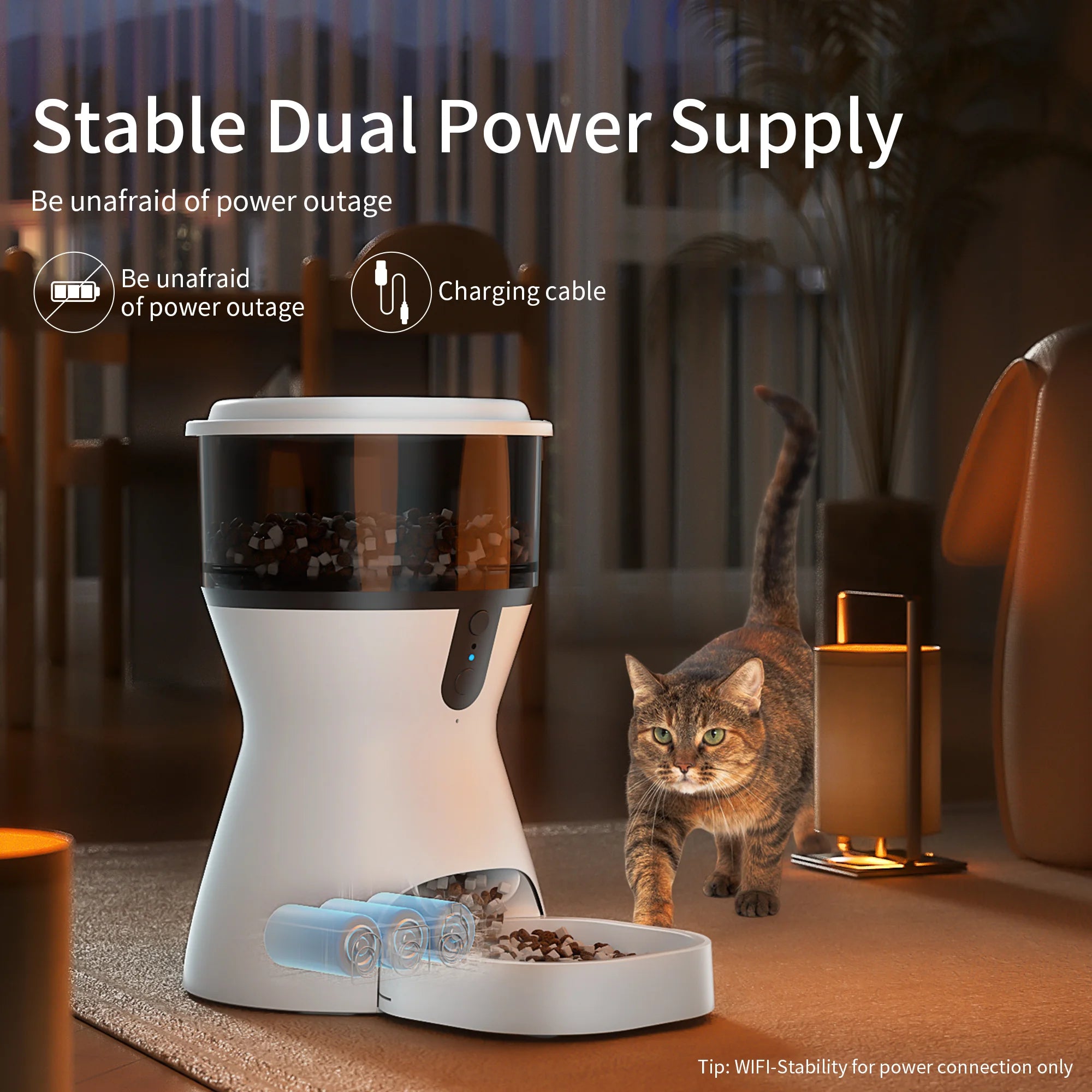 Pet feeder with a cat next to it, featuring text about stable dual power supply.
