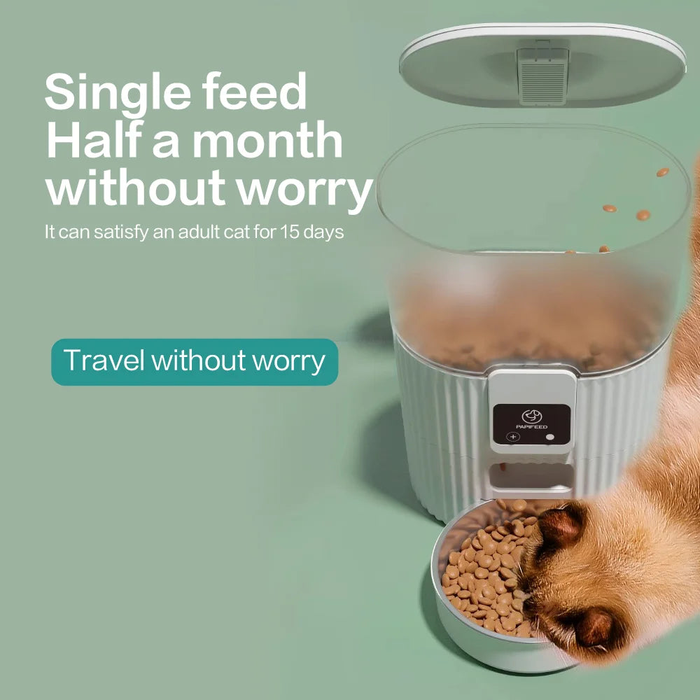 Pet food dispenser with text on a green background