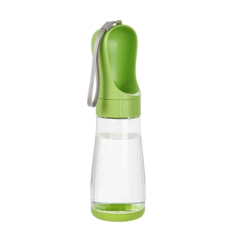 Clear water bottle with green cap and base on a white background