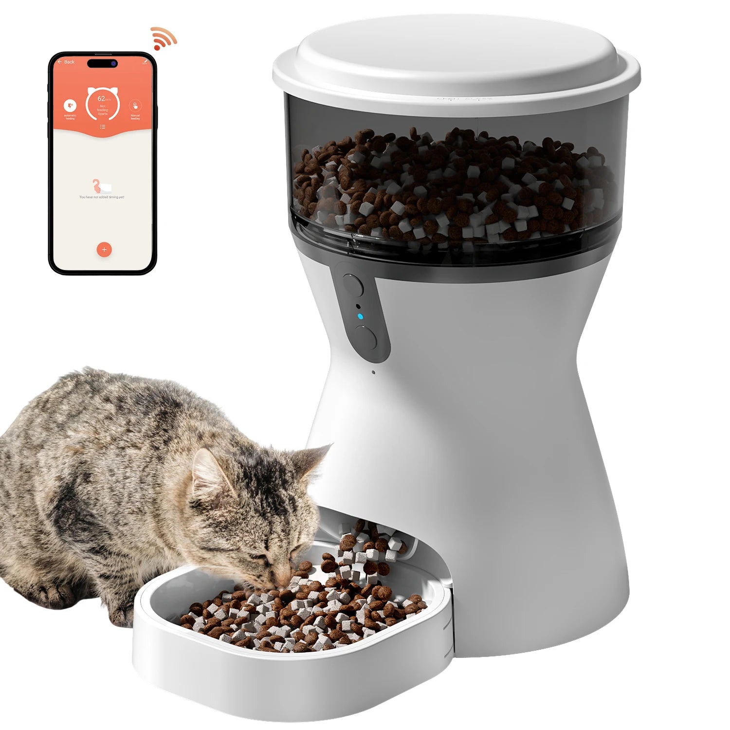 Cat eating from a white automatic pet feeder with a smartphone app icon on a white background