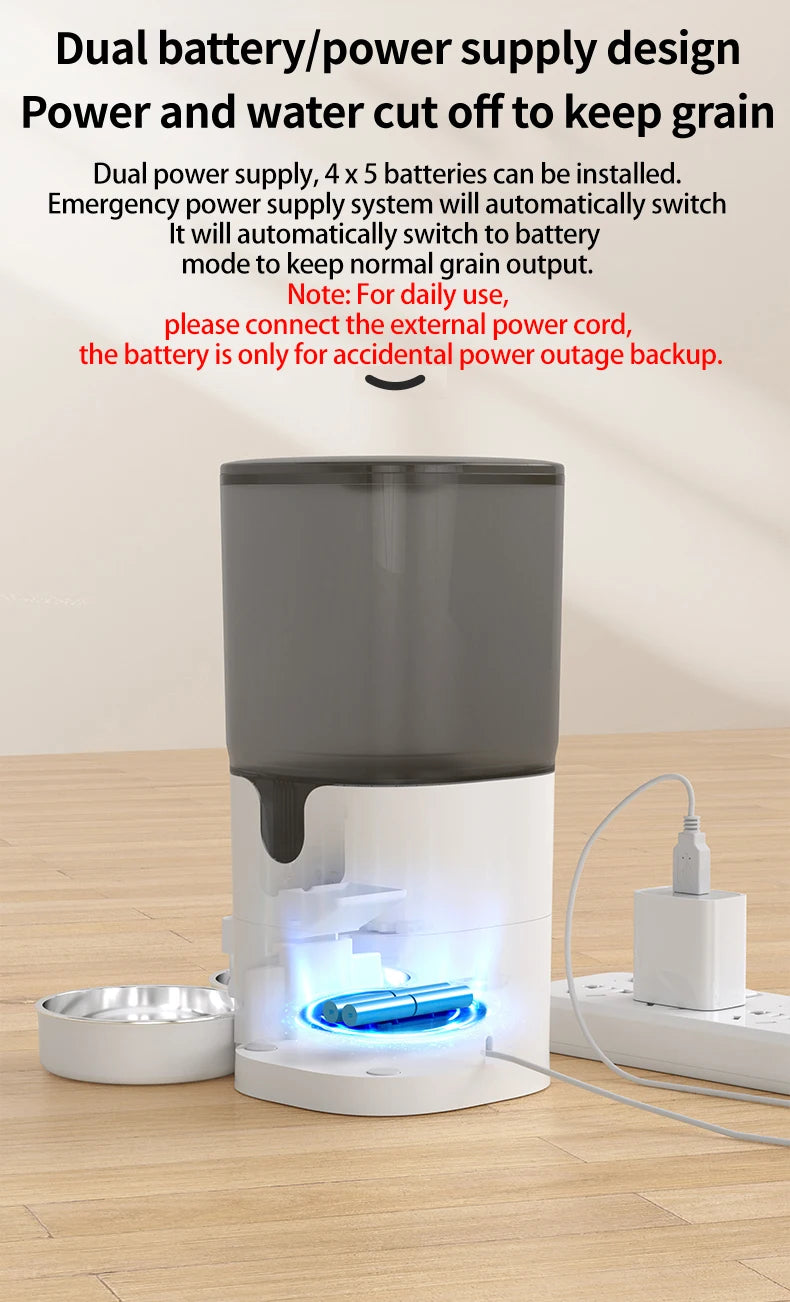 White and gray grain dryer with power cord on a wooden surface, text about dual battery/power supply design.