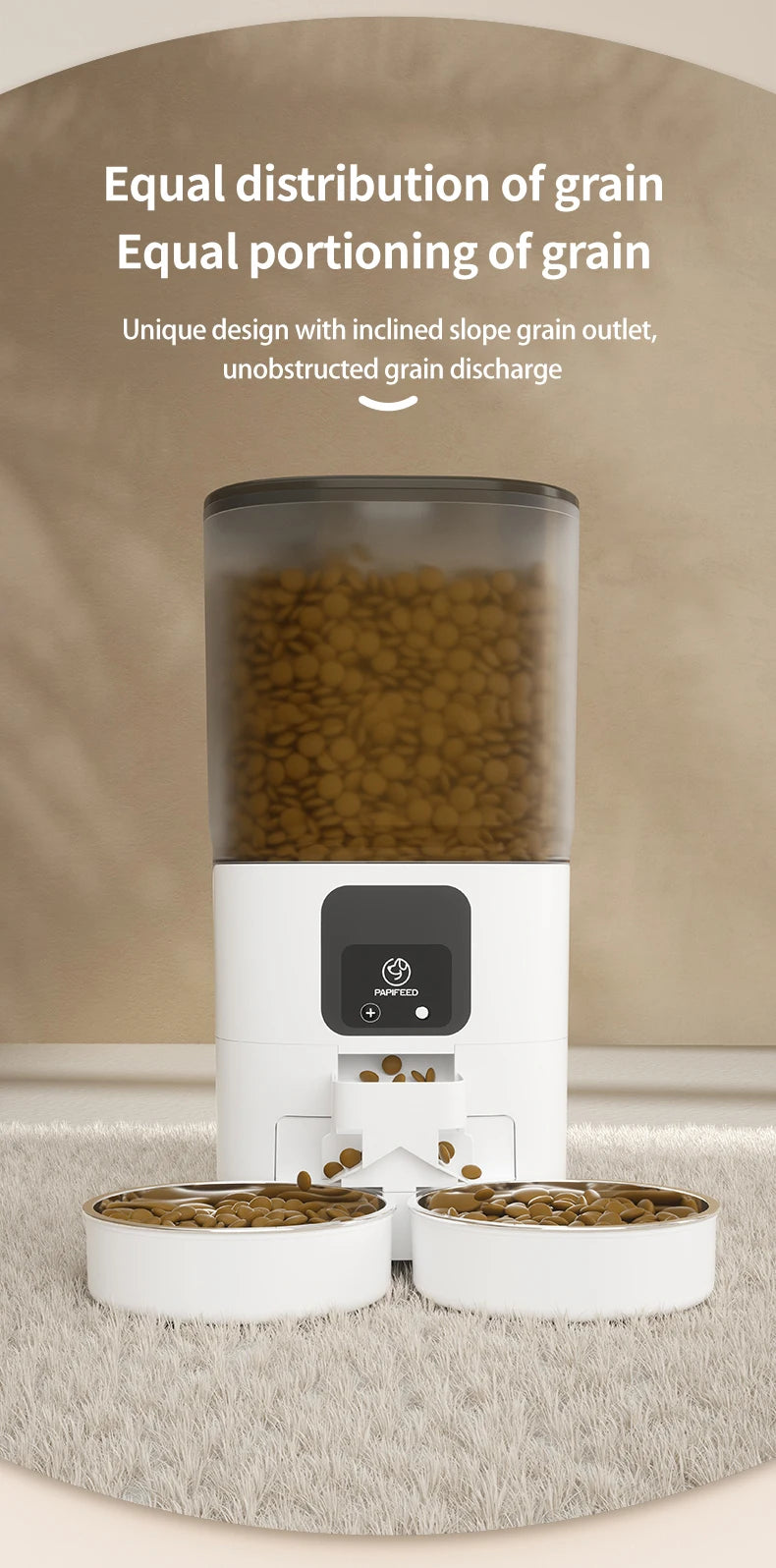 White pet feeder with grain dispensing system on a neutral background