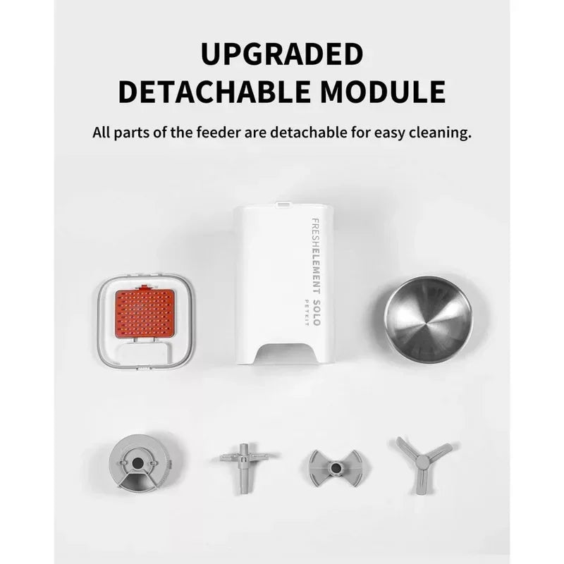 Upgraded detachable module parts of a feeder on a white background with text about easy cleaning.