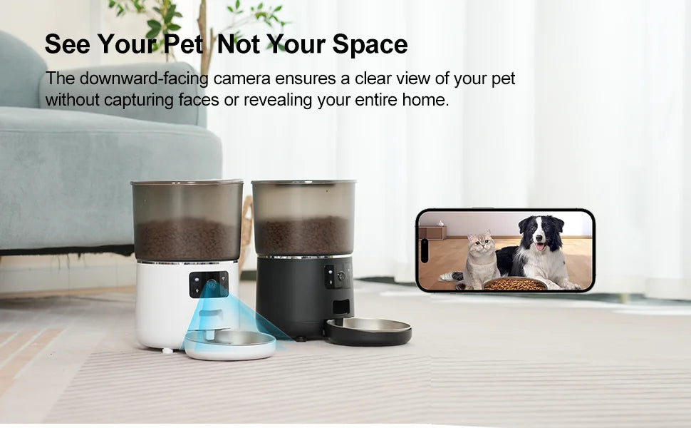 Pet camera with smartphone displaying a video call with two dogs in a living room.