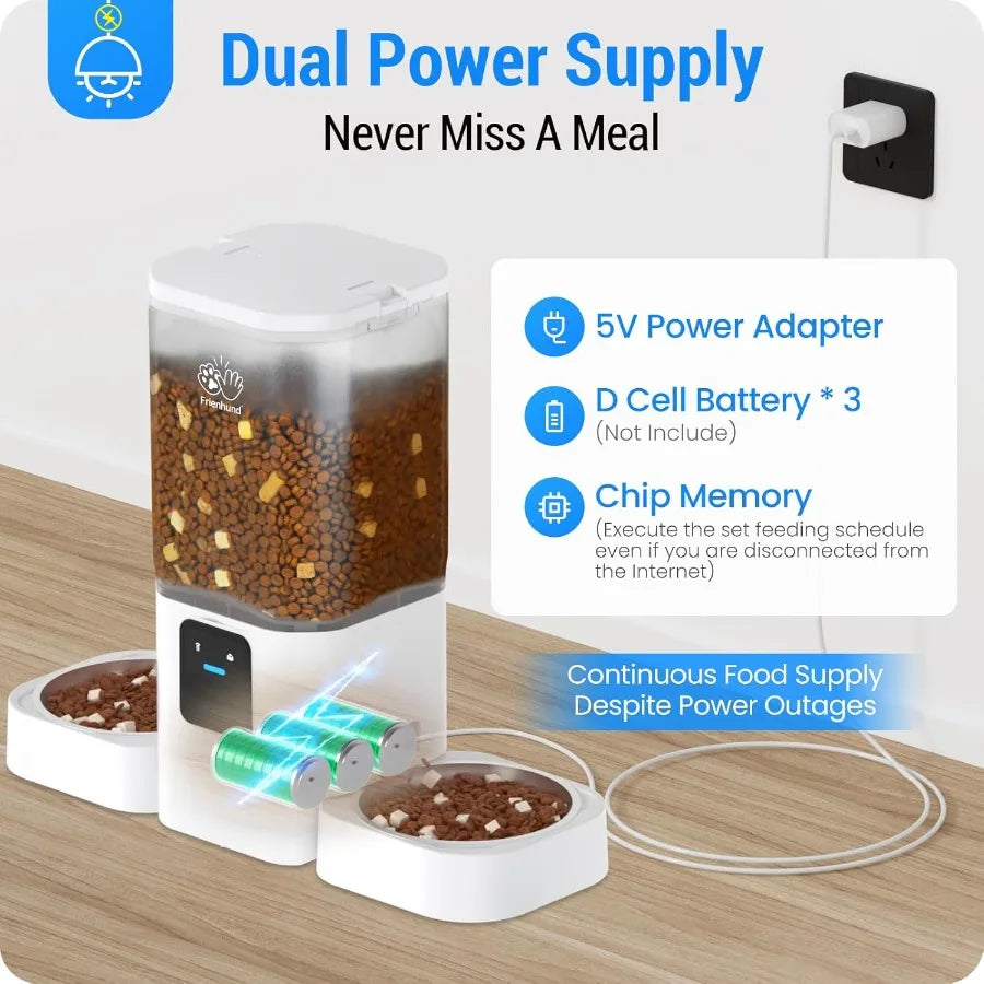 Pet feeder with dual power supply system on a wooden surface