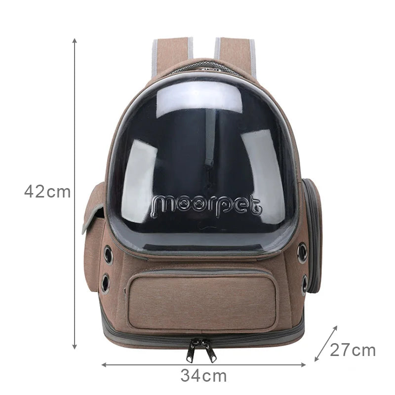 Brown pet carrier with transparent window, labeled 'moopet', showing dimensions on a white background.