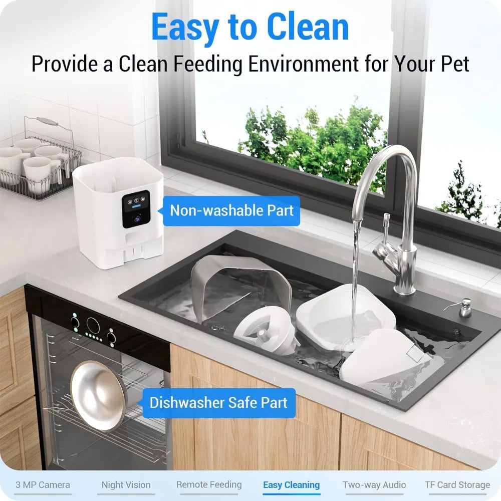 Pet feeding station with dishwasher-safe parts on a kitchen counter.
