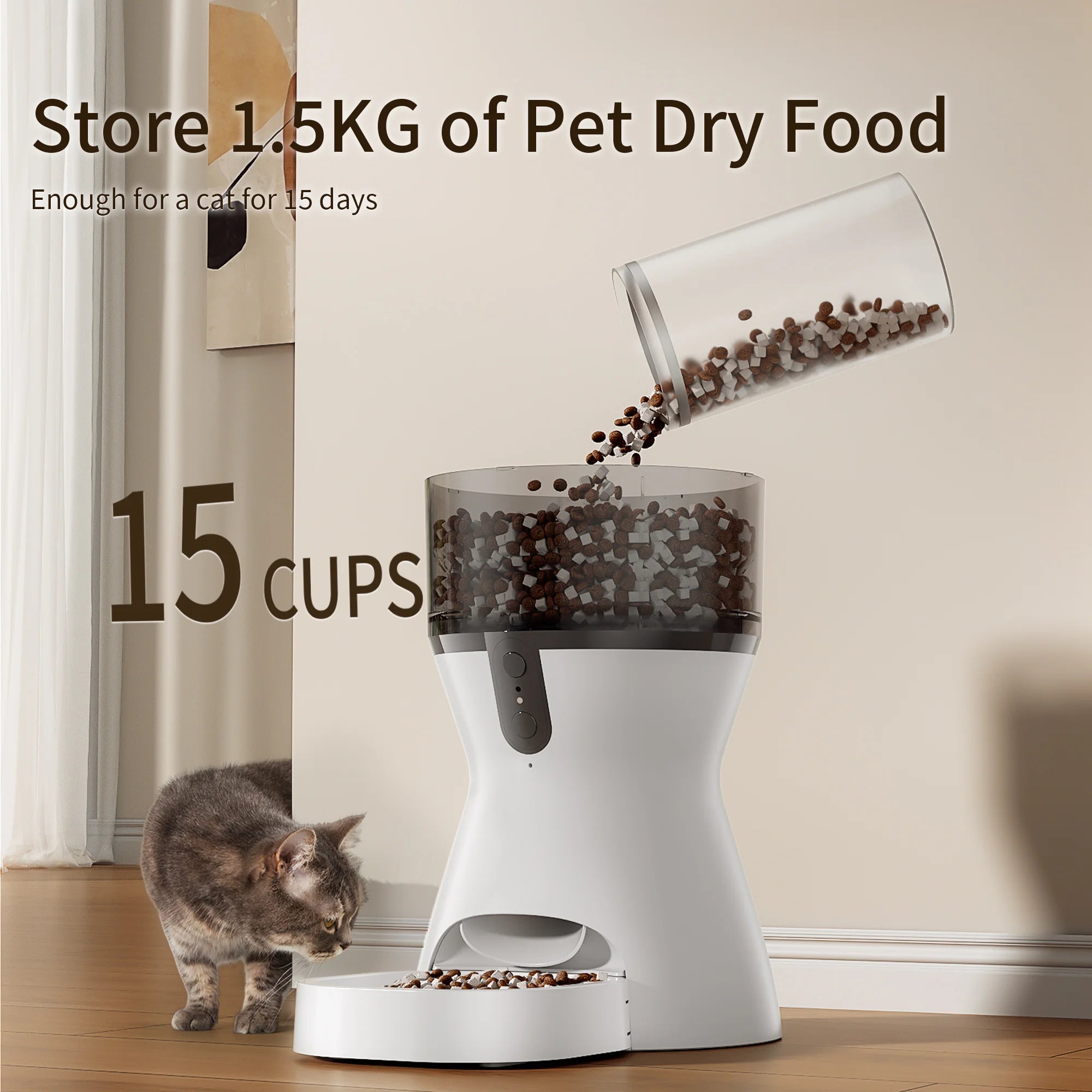 Pet food dispenser with a cat next to it, showing storage capacity for pet dry food.