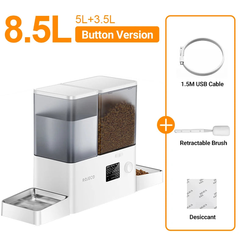Pet food dispenser with accessories on a white background