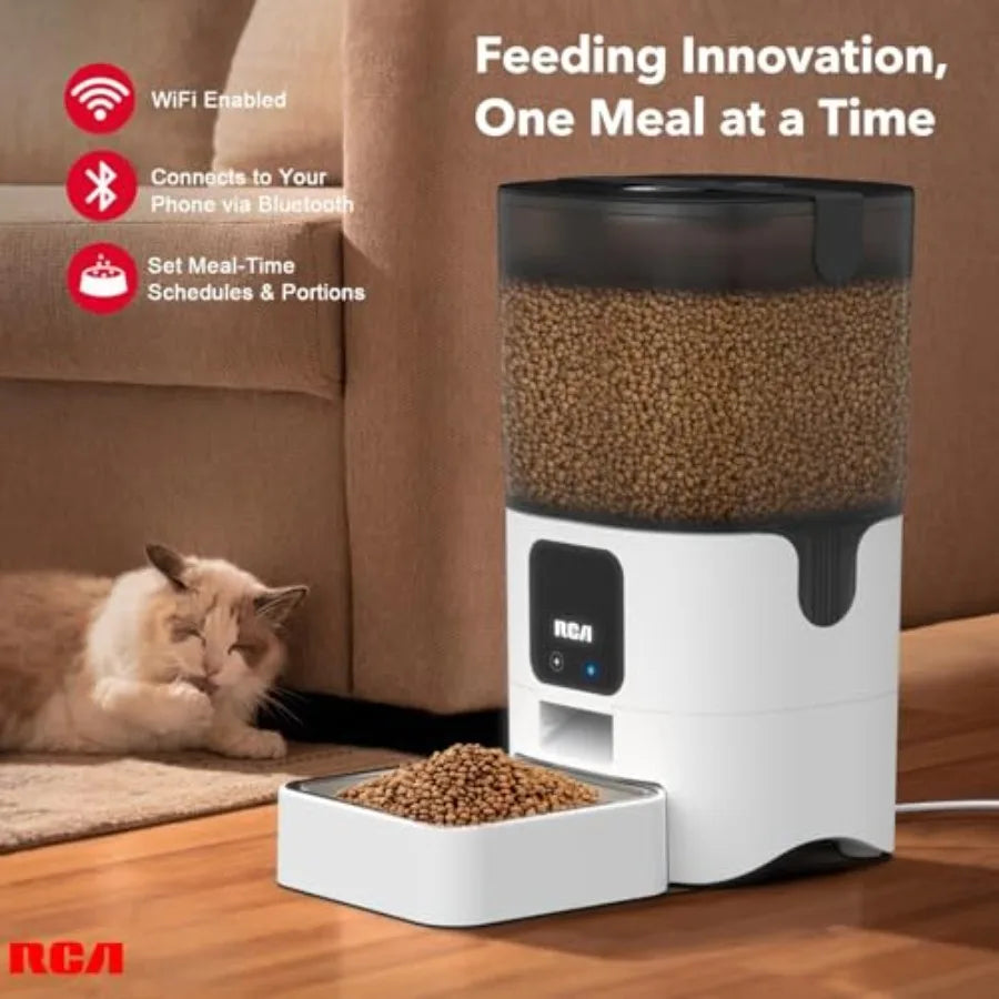 Automatic pet feeder with a cat next to it, featuring RCA branding and connectivity options.