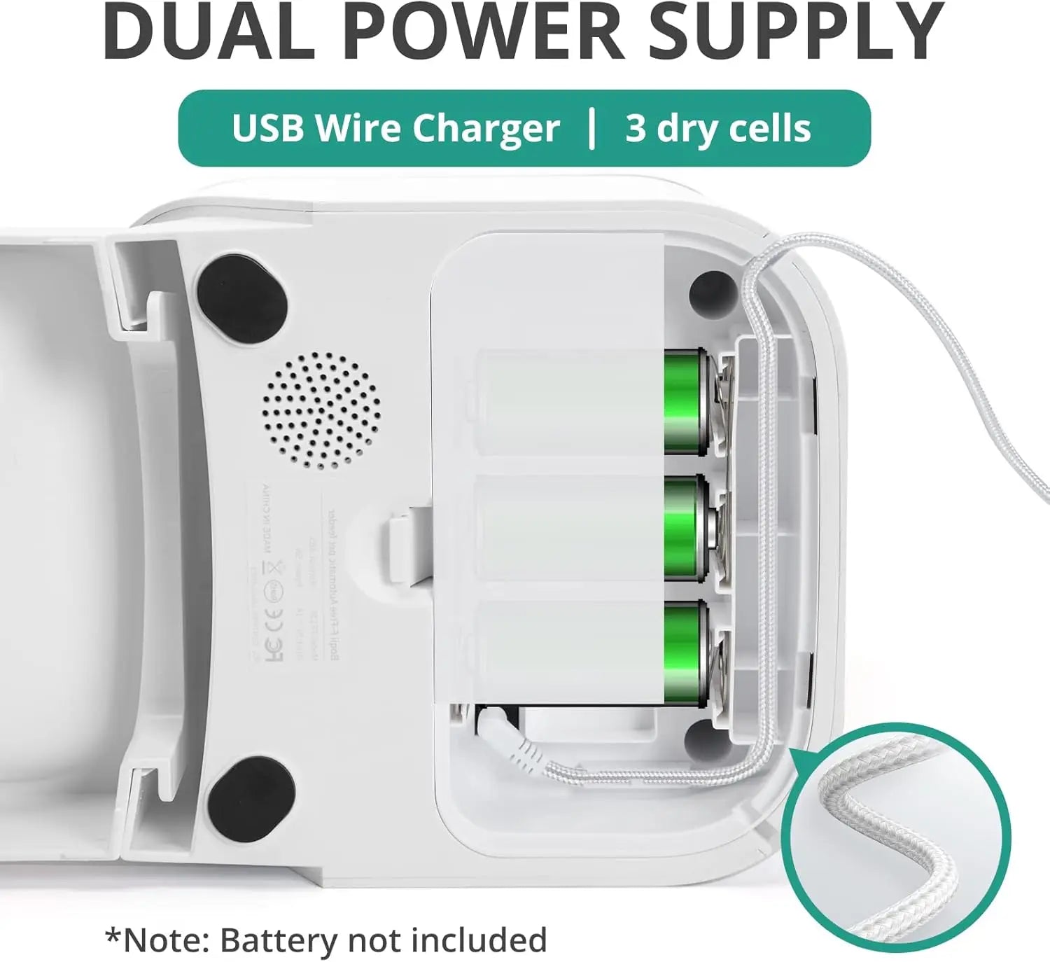 Dual power supply device with USB wire charger and dry cells on a white background