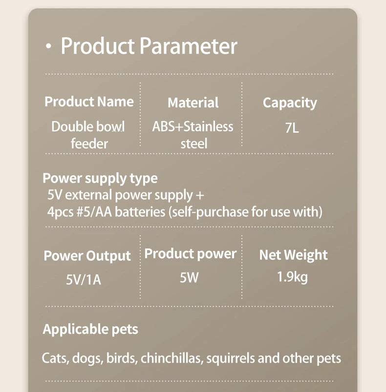 Product parameter card for a double bowl feeder with specifications on a beige background.
