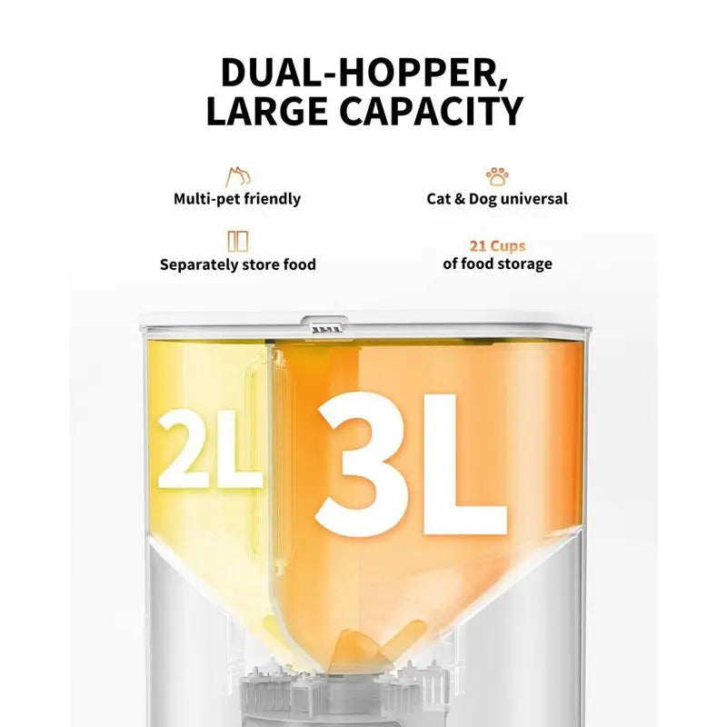 Pet food storage container with dual-hopper design and capacity indicators on a white background.