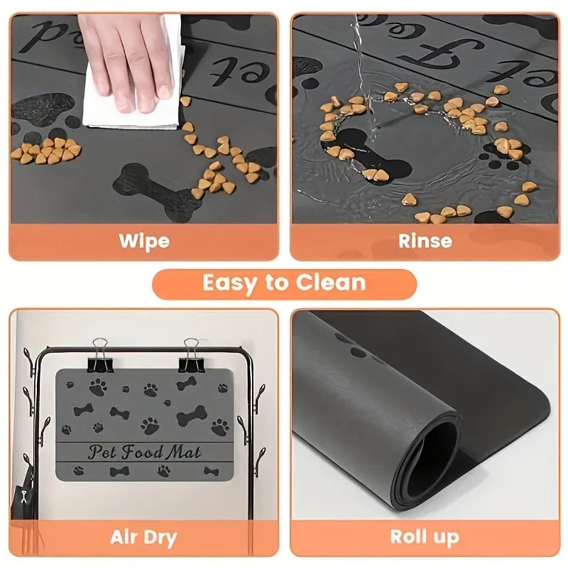Pet food mat with cleaning instructions and features