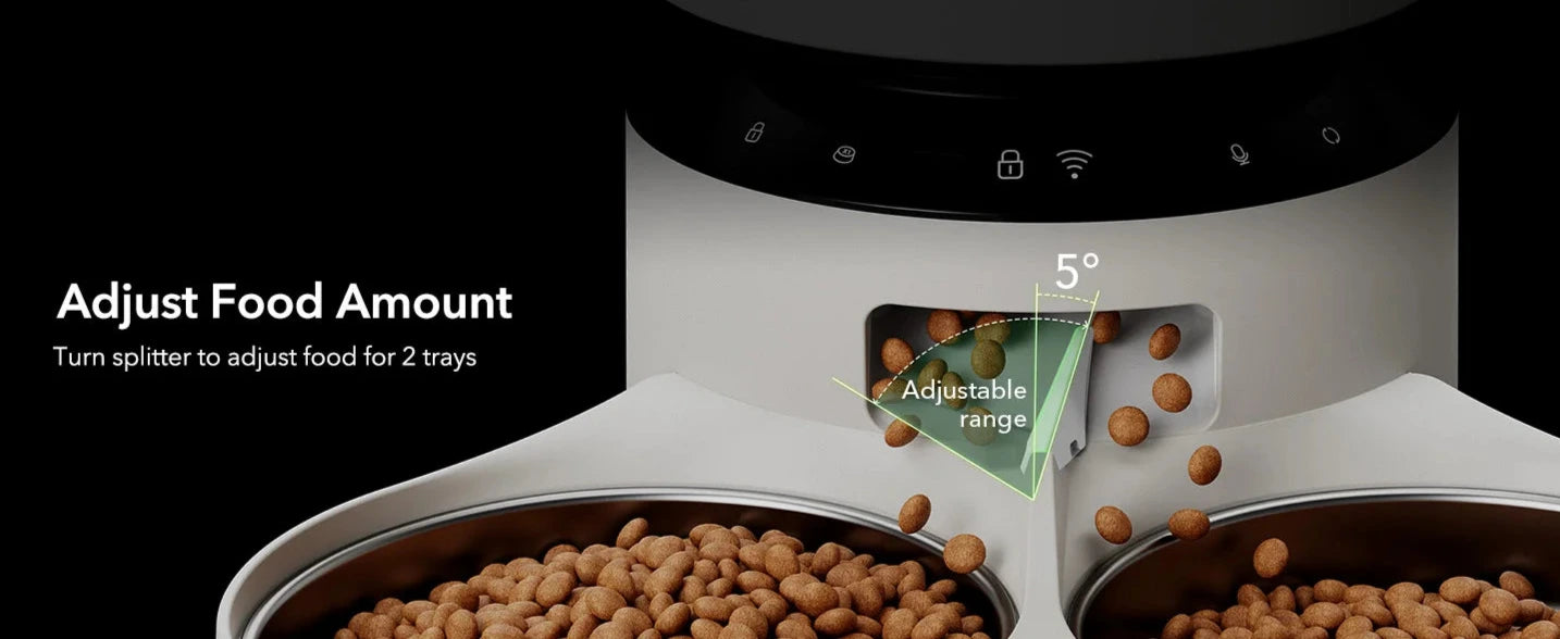 Automated pet feeder with adjustable food amount feature on a black background
