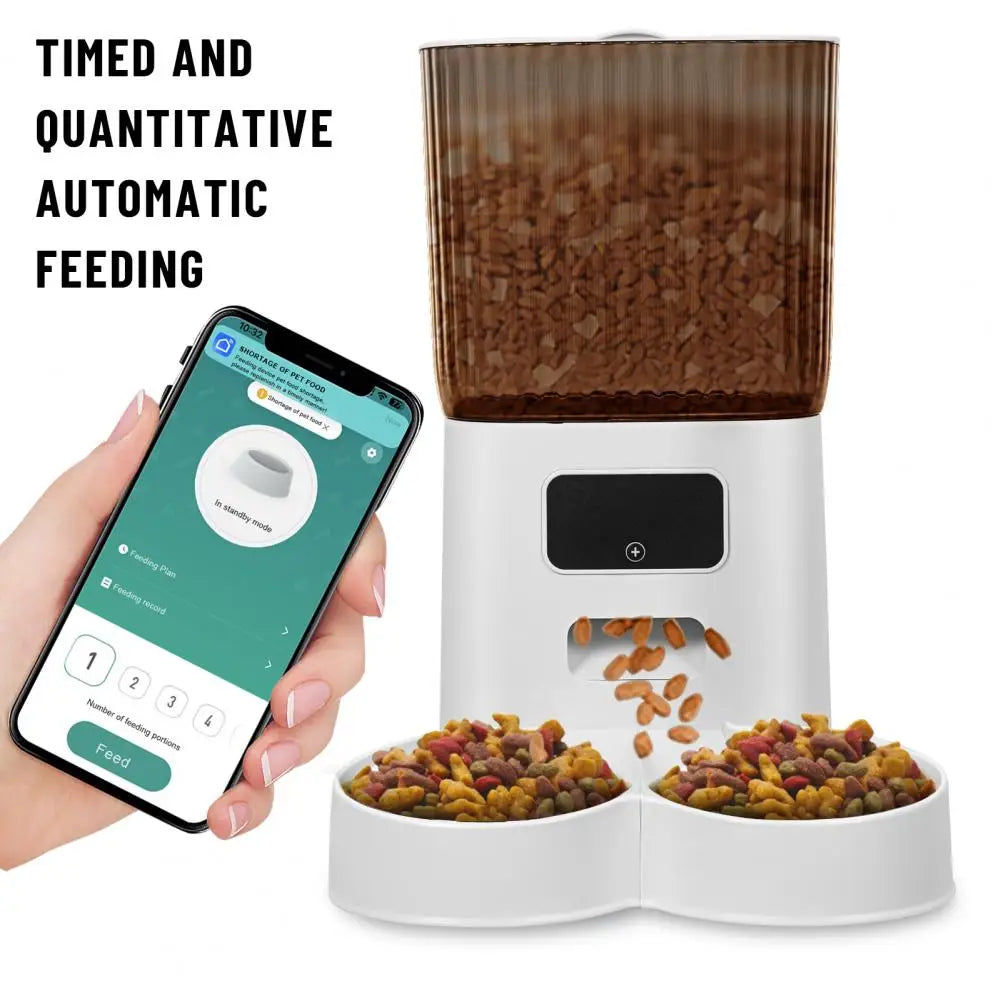 Automatic pet feeder with smartphone app control on a white background