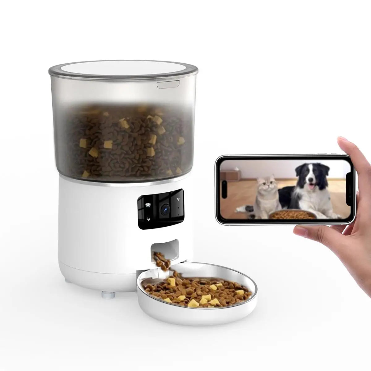 Pet food dispenser with a bowl of food and a smartphone showing two dogs.