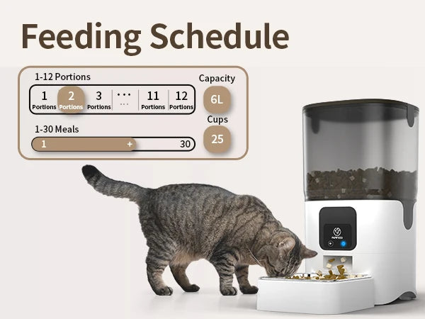 Cat eating from an automatic pet feeder with a feeding schedule display.