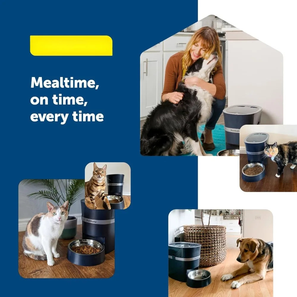 Collage of pets with blue bowls and text 'Mealtime, on time, every time' on a blue background.