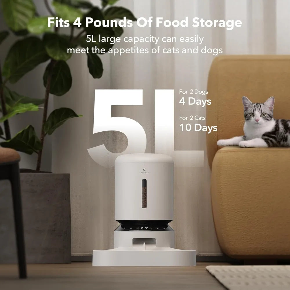 Pet food storage container with a cat on a couch in a living room setting