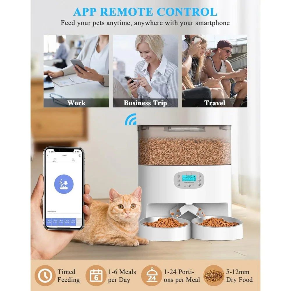 Pet food dispenser with app remote control feature, shown with a smartphone app interface.