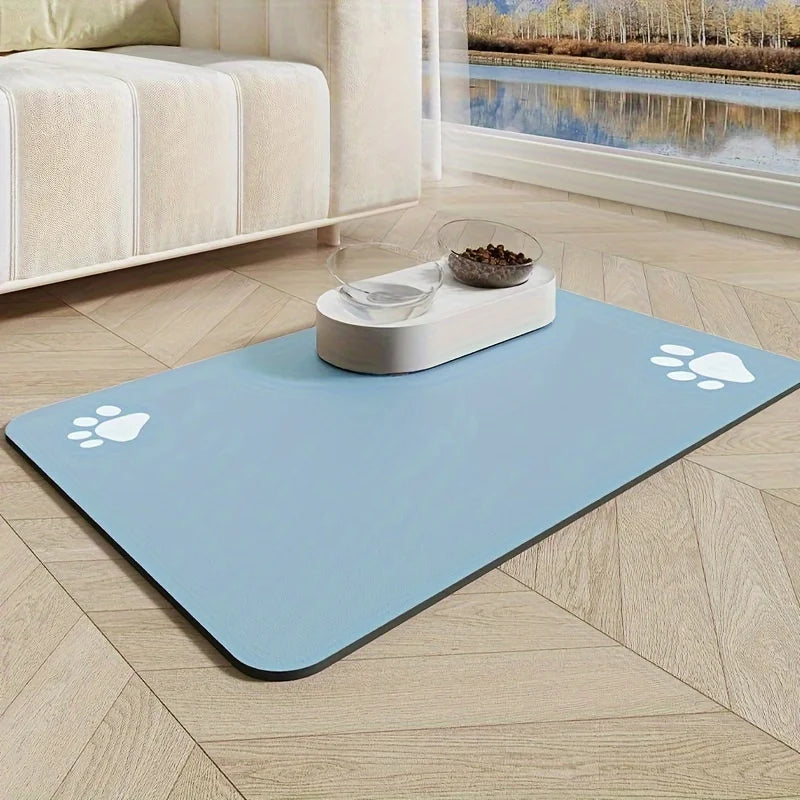 Pet mat with paw prints on a wooden floor in a living room setting.