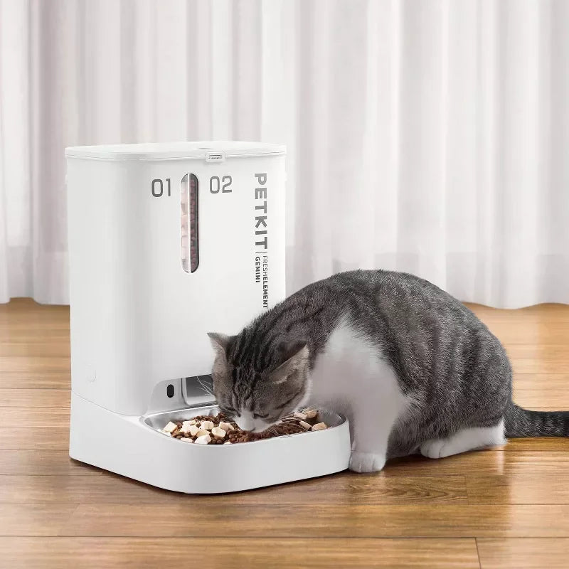 Cat eating from a PETKIT automatic pet feeder on a wooden floor.