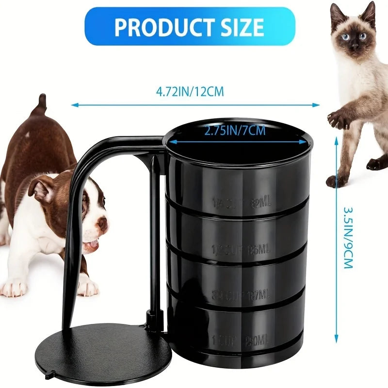 Black pet product with measurements and images of a dog and cat on a white background