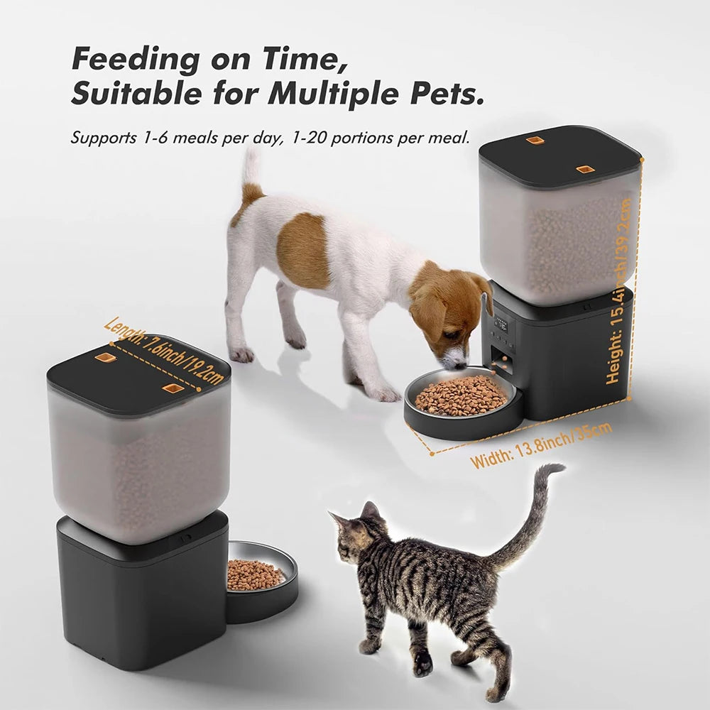 Pet feeding station with a dog and cat, text indicating suitability for multiple pets.