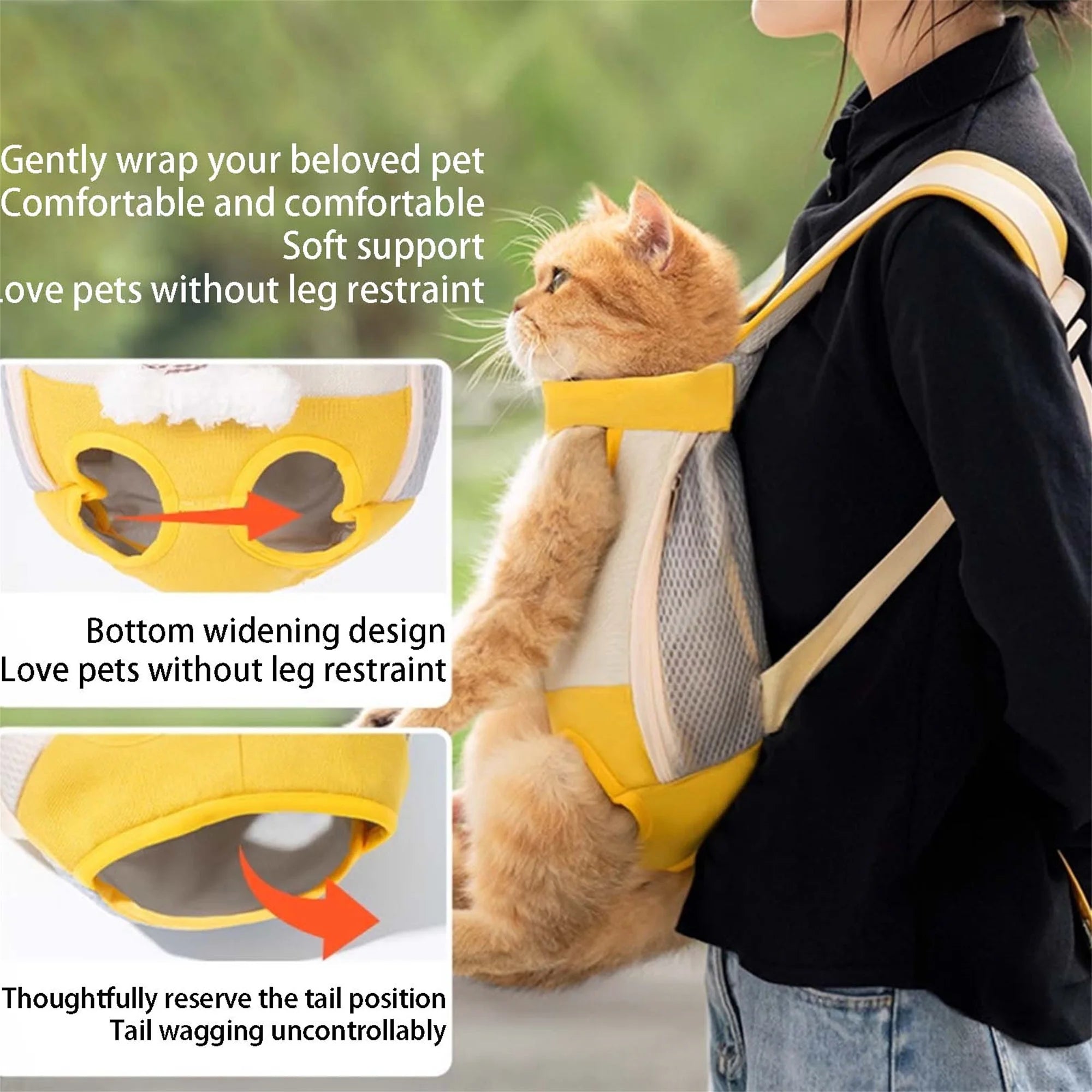 Person carrying a cat in a yellow pet carrier with text on comfort and design features.