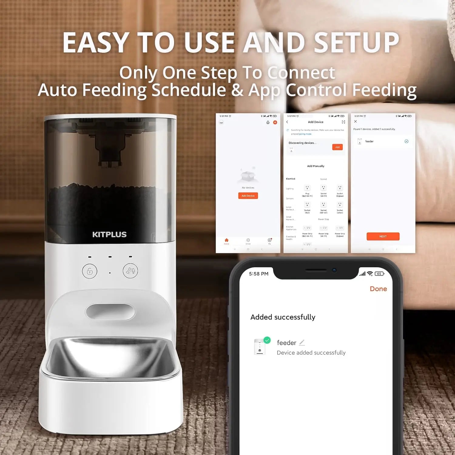 White pet feeder with smartphone app interface on a wooden floor.