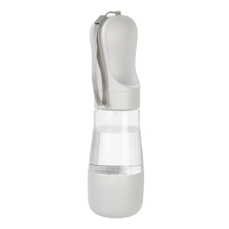 Clear water bottle with a gray cap on a white background