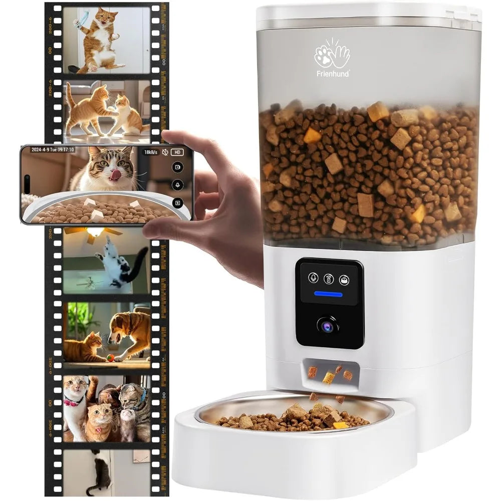Pet food dispenser with a smartphone displaying cat images on the left, against a white background.