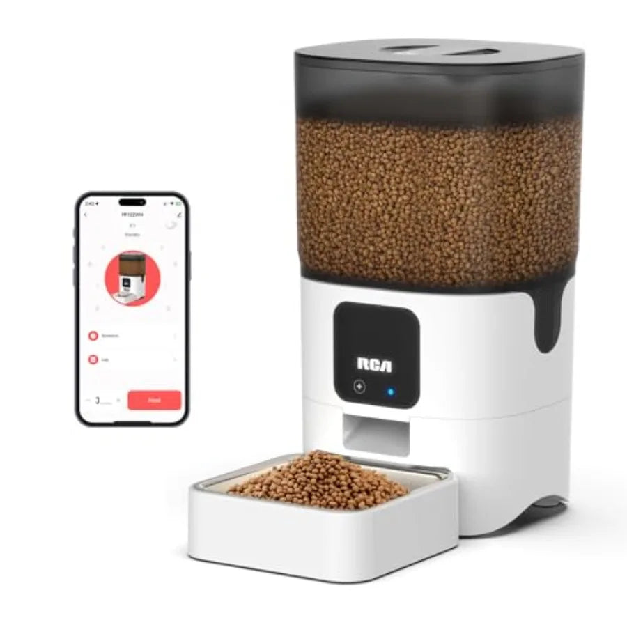 Automated pet feeder with smartphone app on a white background