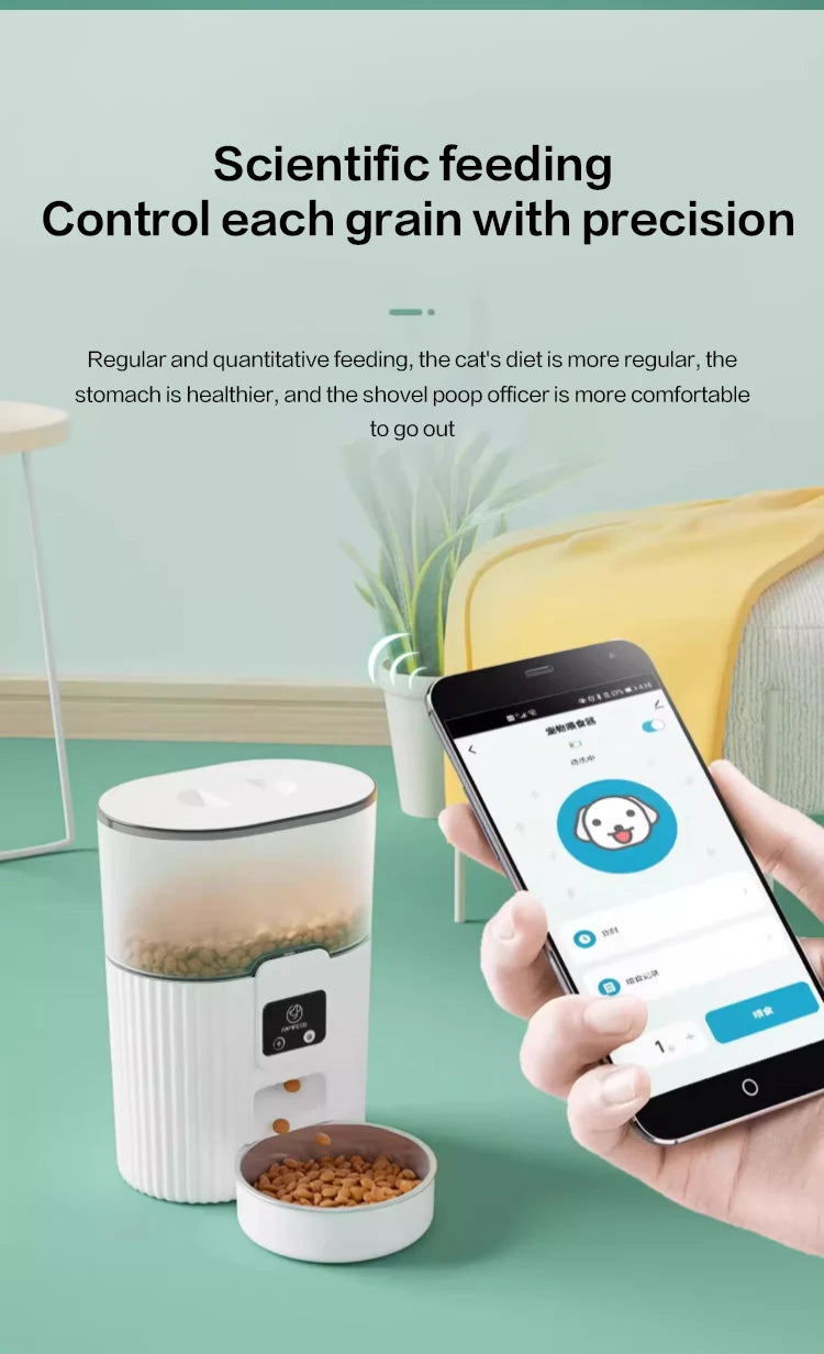 Smart pet feeder with smartphone app control on a light green background