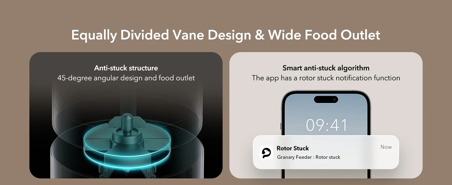 Smart kitchen appliance with vane design and food outlet on a brown background
