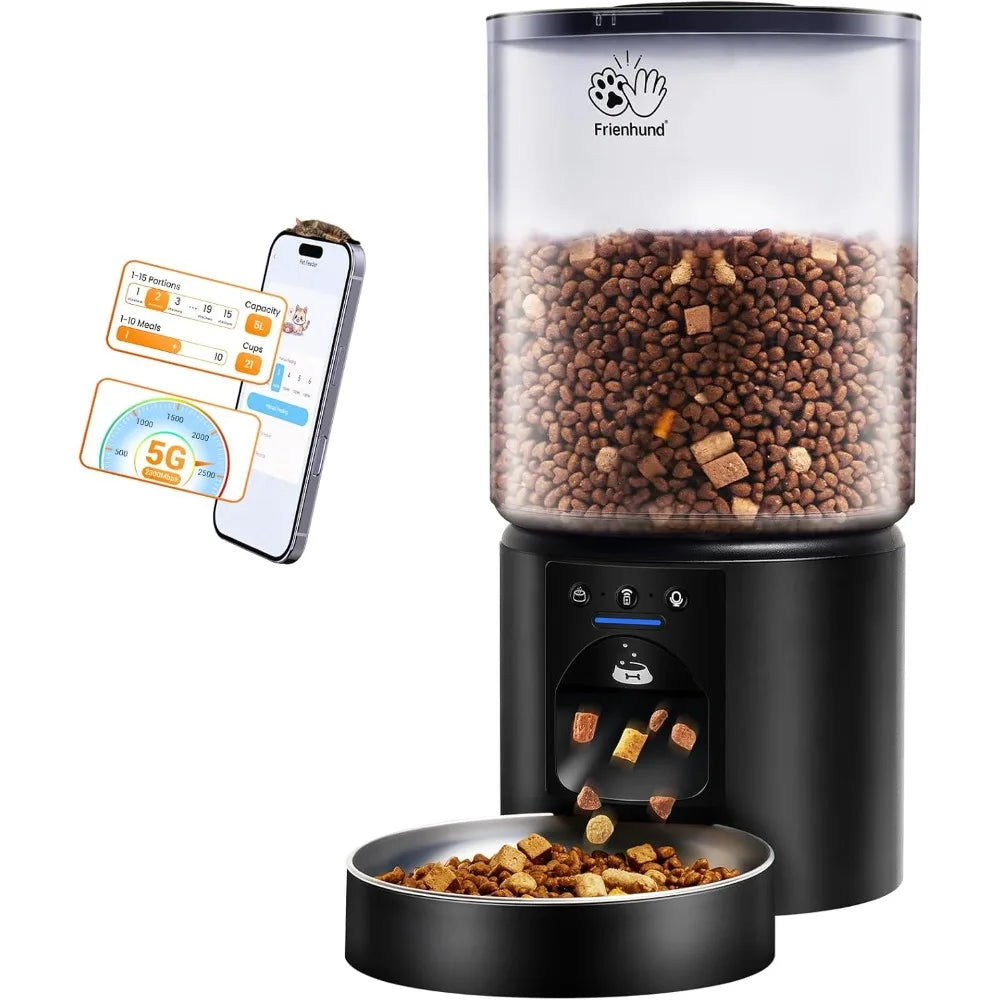 Black pet food dispenser with a transparent top showing pet food, accompanied by smartphone app icons on a white background.