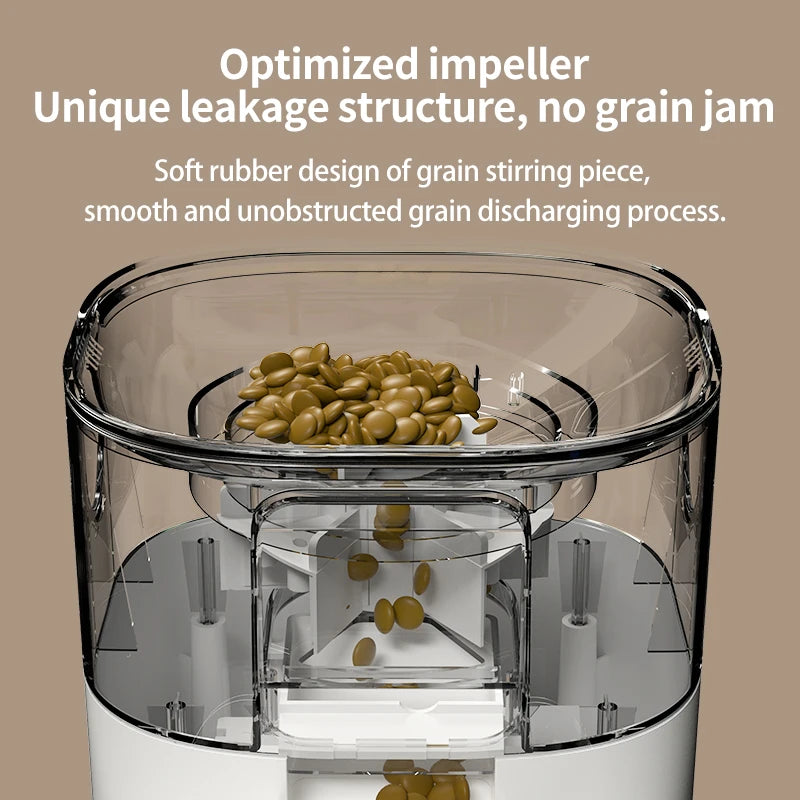 Clear grain processor with beans on a beige background, highlighting optimized impeller and leakage structure.